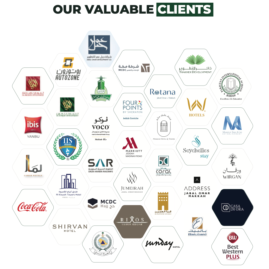 Our valuable clients including Marriott, Jumeirah, Address Hotels, Rixos, Four Points by Sheraton, Voco, Ibis, King Abdulaziz University, and more